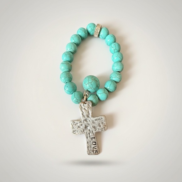 Jewelry - Turquoise Beaded Stretch Bracelet Cross Charm Faith Boho Western Style